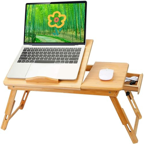 Sängbord, litet bord för bärbar dator i bambu, surfplatta, frukostbricka, liten låda, bordsskiva, justerbar bärbar för dator-66 x 30 x 35 cm – träfärg
