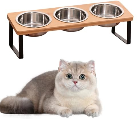 Gamelles surélevées pour chat inclinées à 15° - En acier inoxydable - Avec support en bois - Hauteur réglable - Pour chats et petits chiens - Anti-vomissements et antidérapants (3 bols)