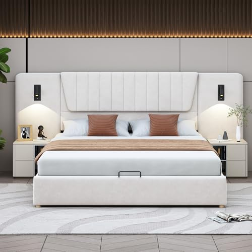 Moimhear Cama Doble Tapizada de 180 x 200 cm, con Respaldo Extralargo, Lámpara de Lectura con Dirección Ajustable, Puerto de Carga USB, Cama Hidráulica, Tela de Terciopelo Beige y Gris