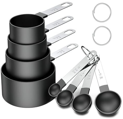 8 Stück Messlöffel Set, Cup Messbecher Set Edelstahl für Messen Flüssigkeiten und Feststoffe mit 4 Measuring Cups und spoons, Messwerkzeug von Küchen, Dosierlöffel Küchengeräte (Schwarz)
