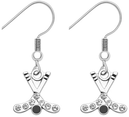 Silver Hockey Stick Earrings with Crystals – Sparkly Ice Hockey Jewelry for Women, Game Day Accessories, Hockey Gift for Players & Fans