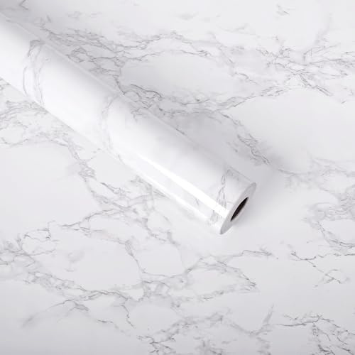 Peel and Stick Wallpaper Marble Sticky Back Plastic 44.5cmX300cm White Grey Vinyl Wrap Self Adhesive Wallpaper Marble Contact Paper Waterproof Wallpaper for Bathroom Kitchen Countertop Furniture