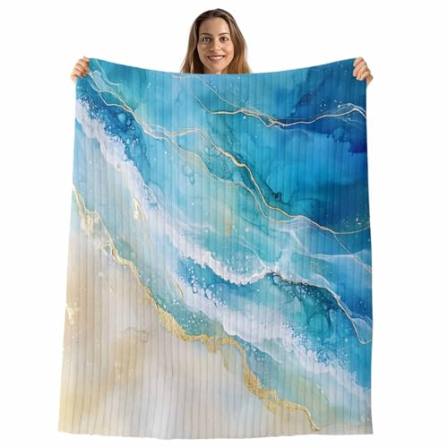 Abstract Waves Flannel Throw Blanket 60×80in Surrealism Spray Beach Ocean Watercolor Super Soft Cozy Blanket with 3D Stripes, Breathable Lightweight Bed Throws for Couch Sofa