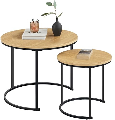 Yaheetech Couchtisch 2er Set Beistelltisch Runder Satztisch Metallgestell Kaffeetisch Wohnzimmertisch Modernes Design Sofatisch Kleiner Tisch, Eiche