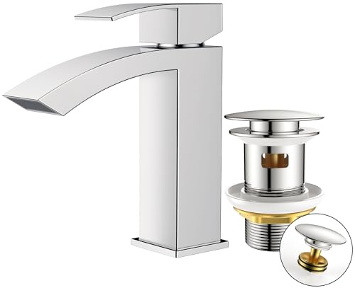 FORIOUS Grifo Lavabo con Vaciador Push-open, Grifo Monomando Cascada para Baño, Altura de Pico 100 mm, Diseño Boca de Grifo Tipo Rejilla, Ahorro de Agua, Cromado