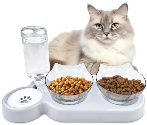 Comzantor 3 en 1 Gamelle Chat Eau, Inclinable À 15° Gamelle pour Chat Surélevée, Mangeoirs et Abreuvoirs pour Chats, Gamelle Surelevee pour Chat Distributeur, Bol Chat, Mangeoire Chat (Grise)