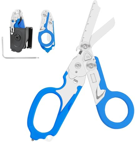 Forbici Trauma 6 in 1 Multifunzione Pieghevoli in Acciaio Inox, Forbici di Emergenza e Soccorso con Taglierina per Cinghia e Interruttore Vetro, Multitool con Fondina per Uso Professionale