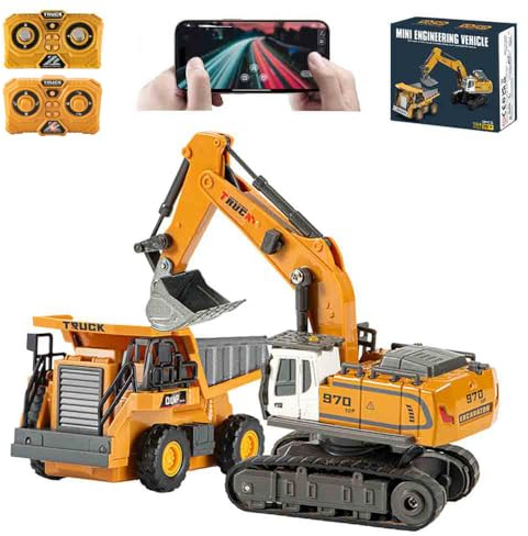Ledovan RC grävmaskin och dump truck set för barn, 1:64 fjärrstyrda leksaker, med ljus och ljudeffekter, metallspade, 320° rotation, 2,4 GHz, presenter till pojkar och flickor