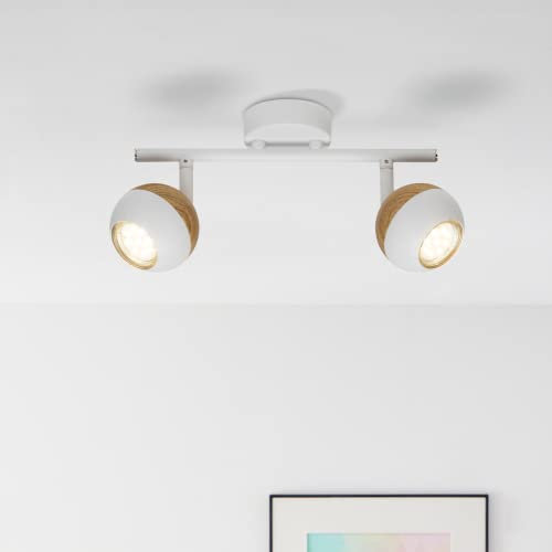 Lightbox LED Deckenstrahler mit warmweißem Licht - 2 flammiges Spotrohr mit schwenkbaren Köpfen - Deckenleuchte mit Leuchtmittel inklusive und wechselbar - Metall Weiß/Holz