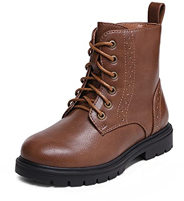 DREAM PAIRS Kids Girls Black Patent Zip Lace Up School Ankle Boots,Size 1 Big Kid,Brown/pu,KBO211