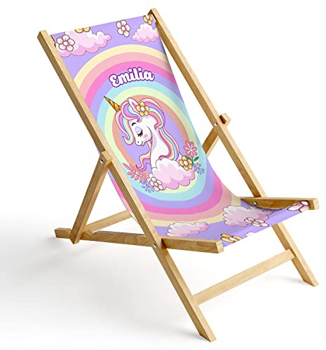 Ferocity Kinder Holz-Liegestuhl Personalisierbar Klappbar Klappliegestuhl Sonnenliege Strandstuhl Wechselbezug Motiv Einhorn Unicorn [119]