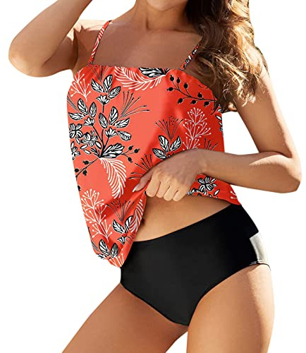 Swimming Costume Women Two Piece Bandeau Tankini Sets for Women UK Tummy Control Swimwear for Women Plus Size Swimsuits for Women Bathing Suits Floral Printed Vintage Novelty Beachwear Swim Suits