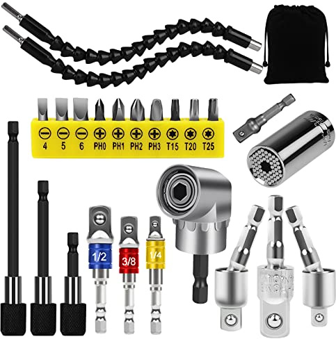 24pcs Flexible Drill Bit Extension Set, Hex Shank 105° Right Angle Drill Attachmen, Rotatable Joint Socket 1/4 3/8 1/2 In Hex Socket Adapter Bendable Drill-Bit-Extension Screwdriver Bit Kit (Yellow)