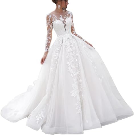 JAEDEN Brautkleid Lang Prinzessin Spitze Langarm Hochzeitskleid A-Linie Standesamtliche Trauung Kleid mit Schleppe Weiß 36