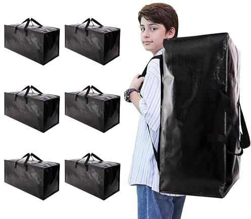 NATURELUX Heavy Duty Moving Bags with Backpack Straps and Strong Handles, Alternative to Moving Boxes and Storage Totes for Dorm Room Essentials, 6 Pack, Black