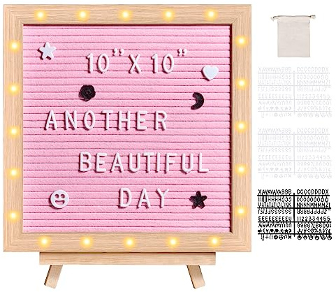 VEVOR Bacheca in feltro rosa, 25,4 x 25,4 cm, lavagna intercambiabile con 510 lettere, supporto e luci LED integrate, cartello per annuncio del bambino per casa, classe, ufficio, decorazione