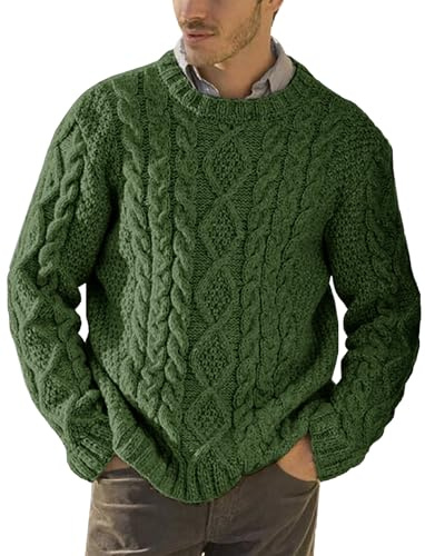 Runcati Jersey de punto grueso para hombre, diseño trenzado, para otoño e invierno, cuello redondo, verde oliva, M