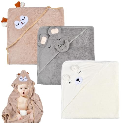 UieaMsio Baby handduk med huva, 3 stycken babybadhanddukar, babyhandduk i bambu, superabsorberande, liten babyfilt med tryck som babypresent
