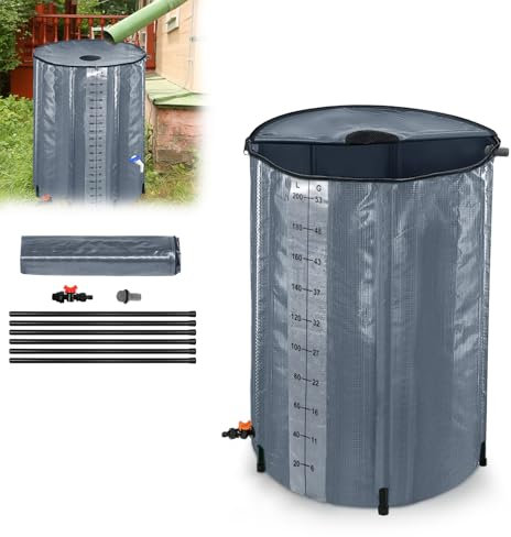 JOIEYOU Regentonne 200L Regenwassertonne Faltbar Regenauffangbehälter mit Ablassventil Hahn und Wasserstandsskala Wassertank für Garten, Grau