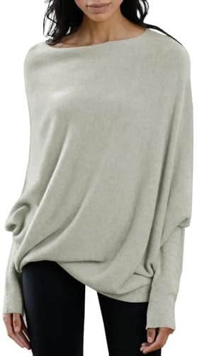 Imily Bela Maglione da donna con scollo rotondo, a maniche lunghe, con scollo largo, camicetta, grigio chiaro, L