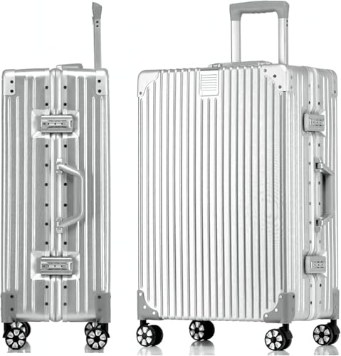 yuweijie Handgepäck Koffer&Trolleys Alurahmen Hartschalen in 100% Polycarbonat,Reisekoffer mit 4 Rollen,Größ Koffer，TSA-Schloss (XL, Silber, 73cm, 78L)