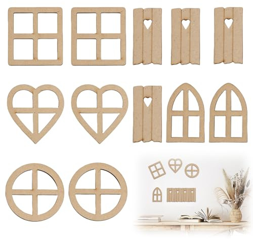 Set med 12 st mini älvfönster i trä för fönsterdekoration, sagoträdgårdsdekoration, heminredning, scrapbooking, korttillverkning och hantverksprojekt, olika former Inc