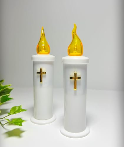 Lot de 2 bougies funéraires avec croix - 16 cm - Décoration funéraire - Bougies LED pour lampes funéraires - Effet 3D - Élégant et sûr