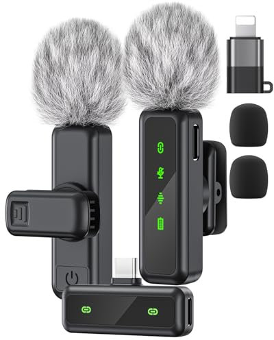 Jubolion Wireless Lavalier Microphone for iPhone iPad Android, 2Pack Mini Mic with LED display features Noise Reduction, Plug and Play Clip-on Mic for Video Recording, TikTok, YouTube, Podcast (Black)