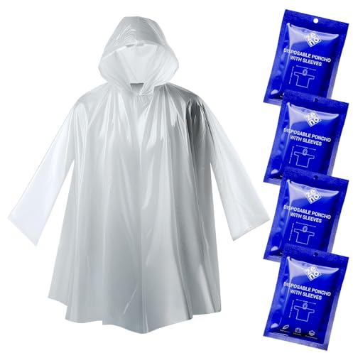 Poncho Impermeable Mujer y Hombre - Poncho Lluvia Mujer Hombre - Capa Lluvia Impermeable - Transparente Desechable - para Festival & Bicicleta - con Mangas y Capucha - Paquete de 4 - Edición Drizzle