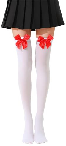 Jiamaohua 1 Pair White Thigh High Socks with Bows White Stockings Knee High Socks with Red Bow Opaque Bow Lace Over The Knee Long Stockings for Women Halloween Fancy Dress Xmas Valentine's Day Favors