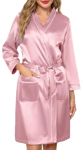 Sopesil Accappatoio Donna in Raso Kimono Corto da Donna Vestaglia Sposa con Scollo a V e Tasche Laterali Abito Camicia da Notte Festa Matrimonio Rosa L