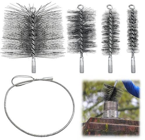 Rongrongago 5 Piezas Cepillos de Caldera, Cepillos Robustos para Calderas Tamaños 30/50/80/150 mm, Cepillo para Limpiar Chimeneas con Cable de Acero 1 m para Chimeneas, Hogares y Tubos de Estufas