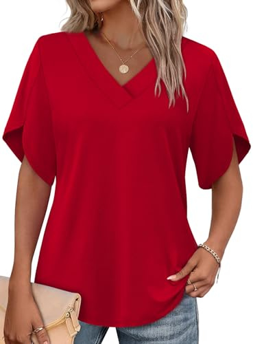 WIHOLL Womens Summer Tops 2026 Short Sleeve Valentines Shirts for Women Loose Fit Blouses Dressy Casual Fashion Clothes Date Outfits Beach Vacation Traval Outfits Red L