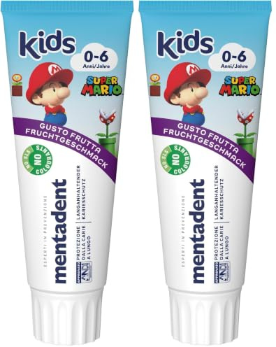 Mentadent Dentifricio Kids, Dentifricio Bambini 0-6 Anni, Gusto Frutta, Con Tecnologia Remineralizzante, Protezione dalla Carie, Ideale per Denti da Latte, 97% Ingredienti Origine Naturale
