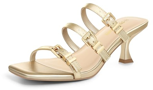 PIZZ ANNU Liora Sandali da donna con tacco a gattino, punta aperta, senza lacci, con tre fibbie, comodi, casual, décolleté, Oro, 8