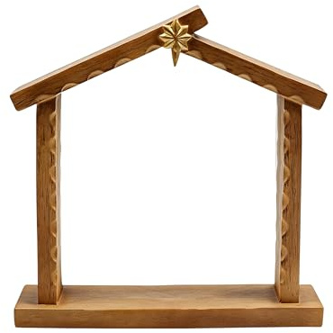 Comfy Hour 9 Nativity Stable with Star, Rustic Wood Look Creche for Christmas Figurines, Indoor Religious Manger Scene Backdrop, Holiday Home Desktop Decor, Resin Artisan Sculpture, 1 Unit