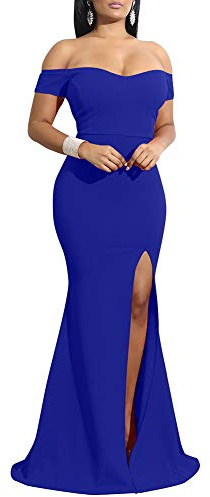 YMDUCH Abito da Sera Lungo Vestito da Partito Formale Lungo Spaccato della Spalla delle Donne, Blu Reale, XL