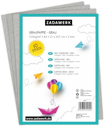 ZADAWERK® Cartoncino grigio - 2 mm - 1230 g/m² - DIN A4-10 pezzi forte, cartone per bricolage e modellismo, cartone da archivio, copertina del libro