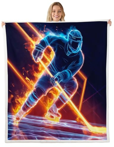 Erosebridal Hockey Sherpa Blanket for Kids Boys Teens Ice Hockey Sports Flannel Blanket Burning Hockey Puck Ball Decor Throw Blanket Hockey Player Winter Sport Game Plush Blanket Throw 50x60