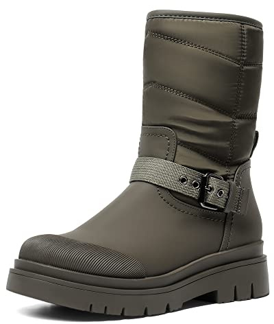 DREAM PAIRS Damen Schneestiefel Glattes PU Dicke Sohle mit Riemchenbesatz am RistOlivgrün,Size 40,Olivengrün,SDSB2202W-E