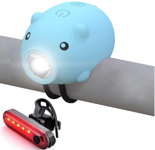 AaiLucky Kids Bike Lights for Night Riding, Girls Bike Horn and Light 2 in 1, Rechargeable Bike Scooter Headlight and Tail Light Set for Boys, Adults, Women, 3 Lighting Mode, Cute Bicycle Accessories