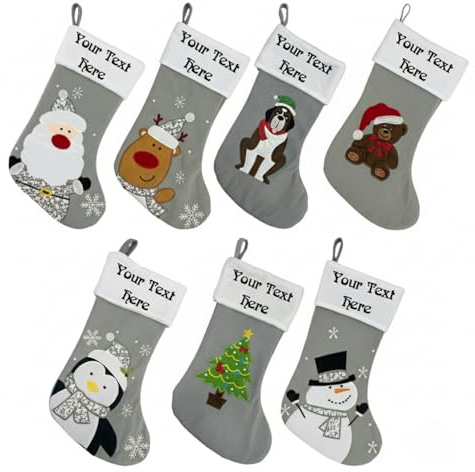 Personalised Christmas Stockings | Custom Name Print with Plush Silver & White Santa Stocking Sacks & Holders | Fireplace & Tree Hanging Ornament, Xmas Decor & Gift for Kids & Adults, 40cm X 25cm