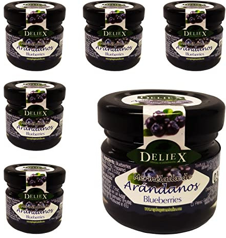 Deliex delicias de Extremadura. 30 Mermeladas pequeñas sabor arándanos. Miniaturas de mermeladas en cristal 30 gr detalles a invitados en bodas, comuniones, bautizos (Arándanos, 30 Tarros)