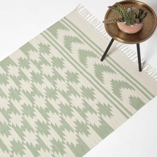 HOMESCAPES Tapis Kilim en Coton, Tapis Vert Turin, Tapis de Salon Artisanal 120x170 cm