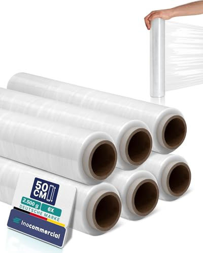 Inoverse Stretchfolie transparent skötfilm, film för möbler och flytt, pallfolie, handstretchfilm, förpackningsfolie på rulle, sträckfilmrulle, förpackningsmaterial, 50 cm/2,5 kg, 6 rulle