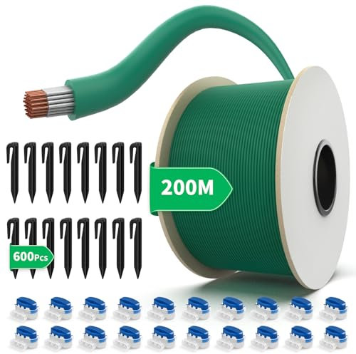 200M Cable Robot Tondeuse Universel + 600 Piquets de Fixation + 20 Connecteurs de Câble, Câble Périphérique en Cuivre étamé - Accessoires pour Tondeuses à Gazon Robotisées - Ø2,7mm