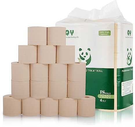 Bamboo Toilet Paper 4-Ply Natural 18 Mega Rolls,Unbleached,Flushable & Septic-Safe Diameter 11.4 cm Fits Standard Holders Sustainable and Tree Free Soft Strong Earth-Friendly 200 Sheets/Roll
