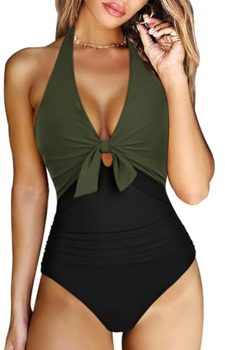 RXRXCOCO V Ausschnitt Push Up Sexy Badeanzug Damen Bauchweg Shape Bademode Neckholder Rückenfrei Badeanzug Mit Cups Swimsuit Grün Schwarz S