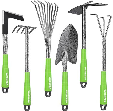 WORKPRO Outils de Jardinage 6 Pièces, Kit d'outils de Jardin en Acier Inoxydable avec Houe 2-en-1, Treulle, Râteaux, Couteau Désherbeur, Finition Martelée, pour Taille et Entretien, Cadeaux de Jardin