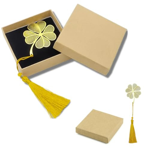 AFCJLTO Segnalibro Metallo Segnalibri Ciondolo,Segnalibro con quadrifoglio,Segnalibro Particolare Set è un Regalo Pratico e Creativo,per Insegnanti Lettori Studenti Amici,Oro
